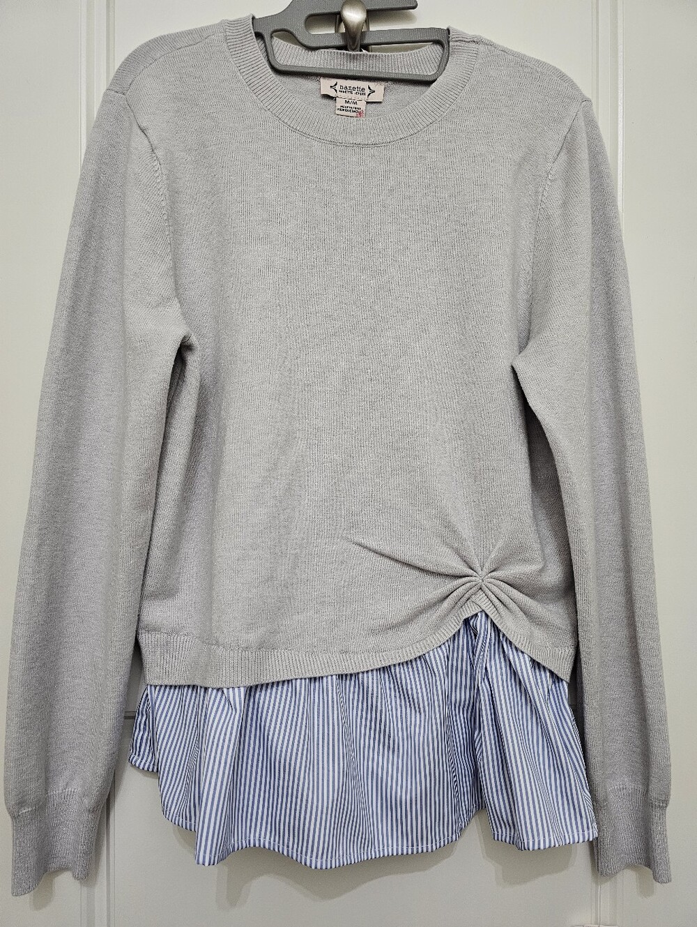 Nanette Lepore Light Gray Knit Sweater with Blue-White Striped Shirttail.